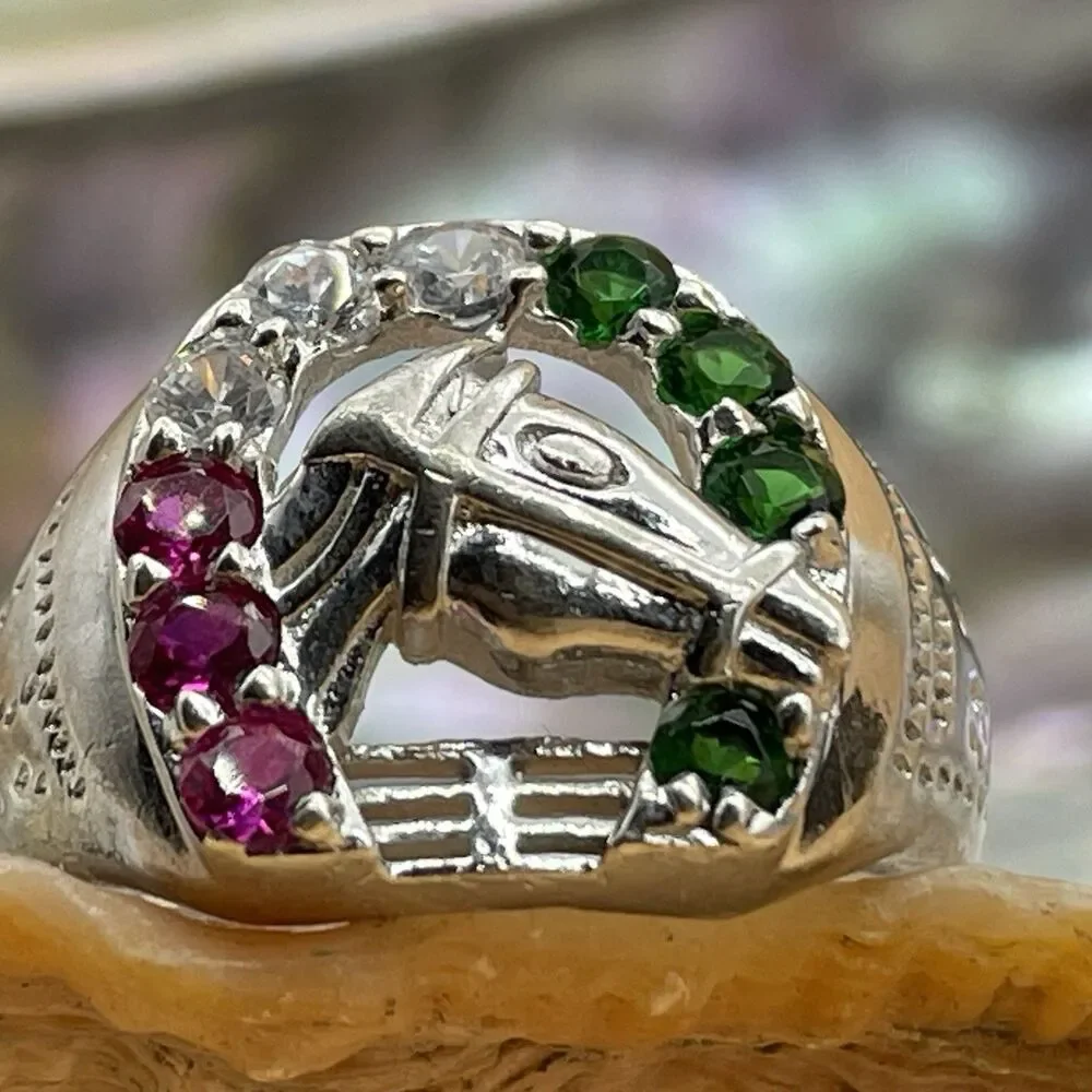 Horseshoe Ring Sterling Silver .925 Men’s Size 8 Red Ruby White Green Glass
